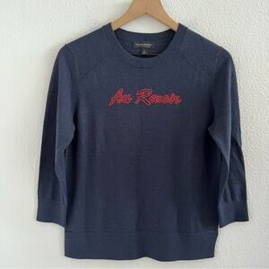 Banana Republic Extra Fine Merino Wool Au Revoir Embroidered Sweater Shirt Navy